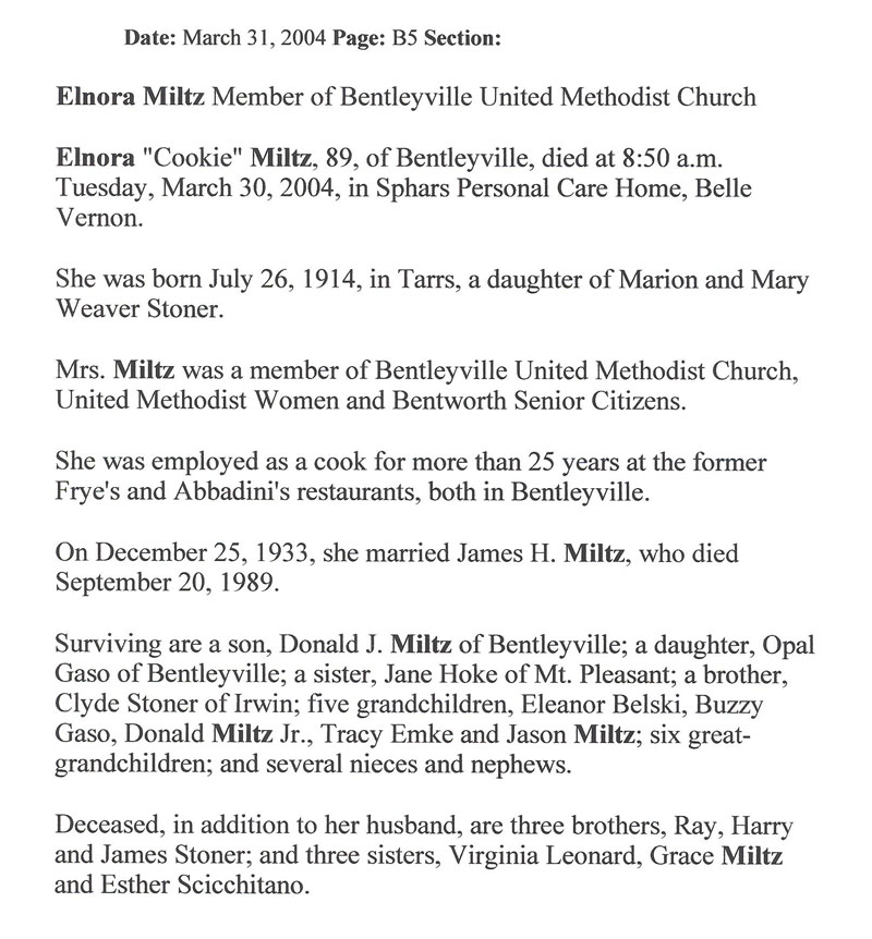 Elnora Miltz obit